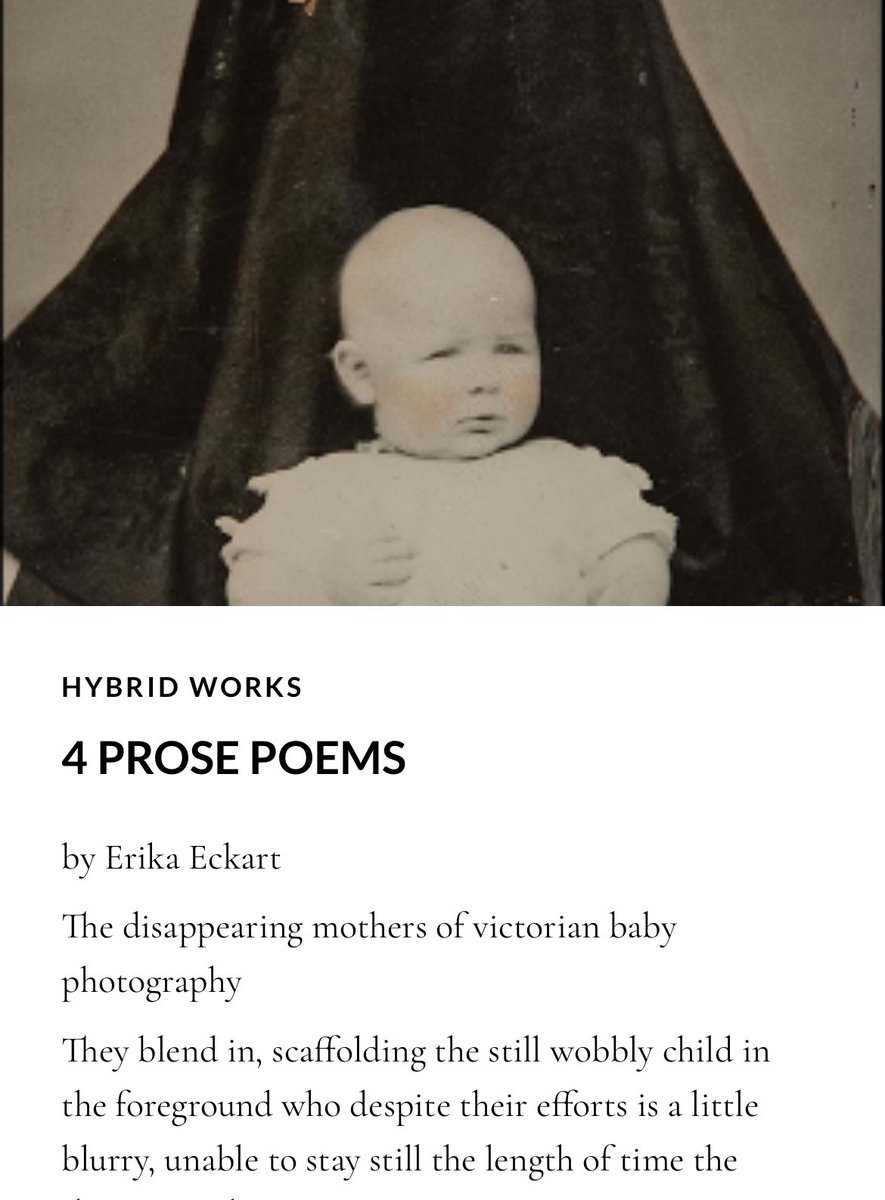 Check out these expressive prose pieces by Erika Eckart, including “The Disappearing Mother of Victorian Baby Photography ,” and other works, in our Issue 11 of Harpy Hybrid Review, harpyhybridreview.org.