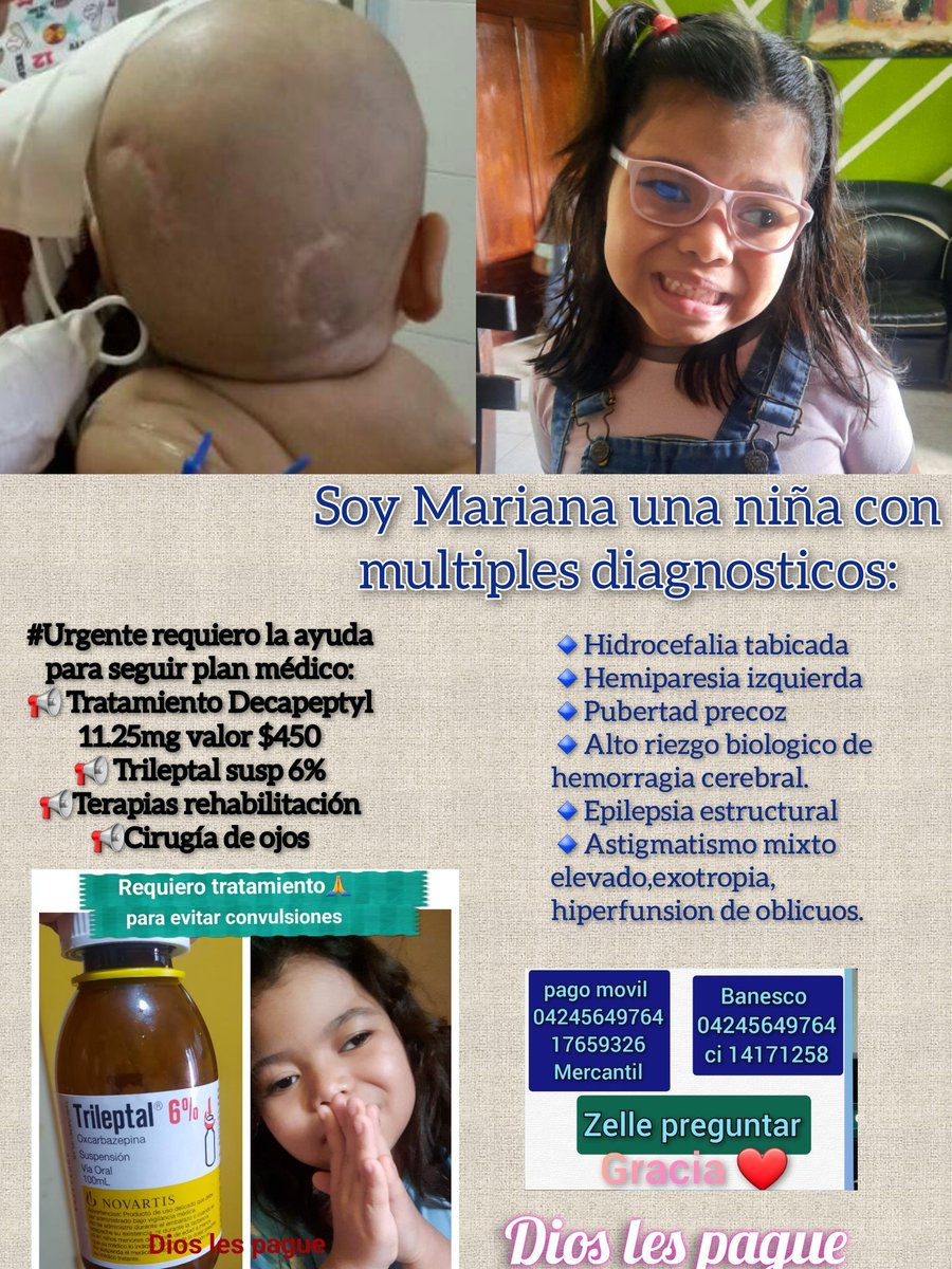 Ruego ayuda llevo varios días sin anticonvulsivo TRILEPTAL SUSP s m termina rapido y cuando dejo d tomarlo no duermo bien ya presento migrañas por favor cada granito suma.
Dios les pague
pago movil 
04245649764
17659326
mercantil 

Banesco 
04245649764
ci 14171258

Zelle al dm