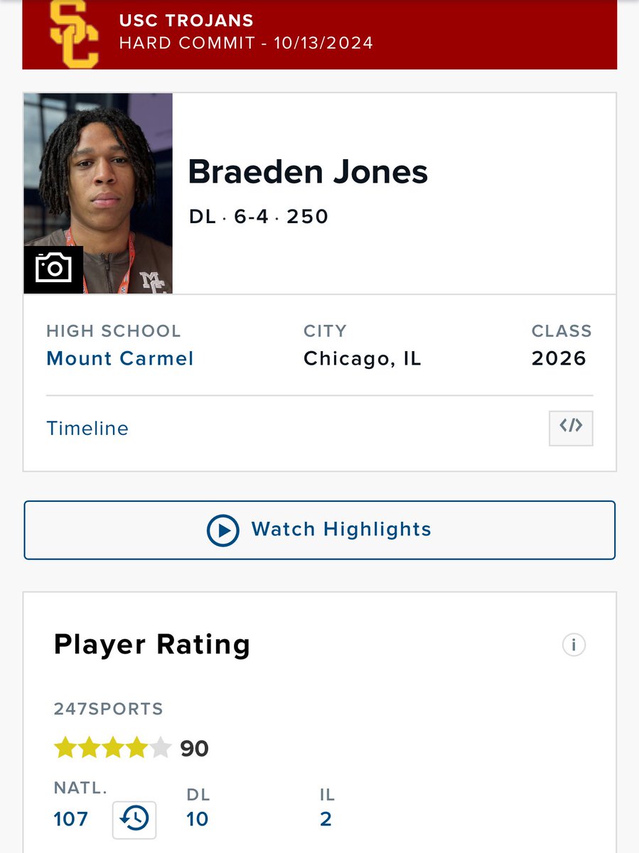Nico (@usc_nico) on Twitter photo Braeden Jones 4 ⭐️ DL from Chicago commits to USC. Top 10 DL in the class of 2026. USC now holds the #1 class in 2026.
Offers from USC, ND, Ohio State, Michigan, and others. Coach Henny is keeping USC alive.✌🏼#DAWGWORK Braeden Jones 4 ⭐️ DL from Chicago commits to USC. Top 10 DL in the class of 2026. USC now holds the #1 class in 2026.
Offers from USC, ND, Ohio State, Michigan, and others. Coach Henny is keeping USC alive.✌🏼#DAWGWORK