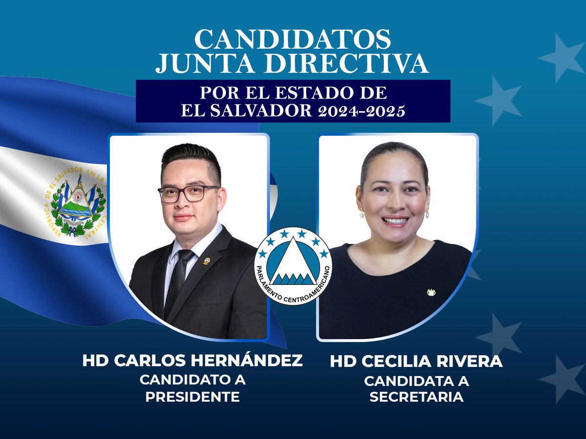 parlacensv's tweet photo. Este año, bajo el ejercicio rotativo de la presidencia del @PARLACEN que corresponde a El Salvador, han presentado sus candidaturas a la presidencia el Honorable Diputado @CarlosHdez_SV y como candidata a la secretaría de la Junta Directiva la Honorable Diputada @CeciliaGRM https://t.co/tBNgBK50UG