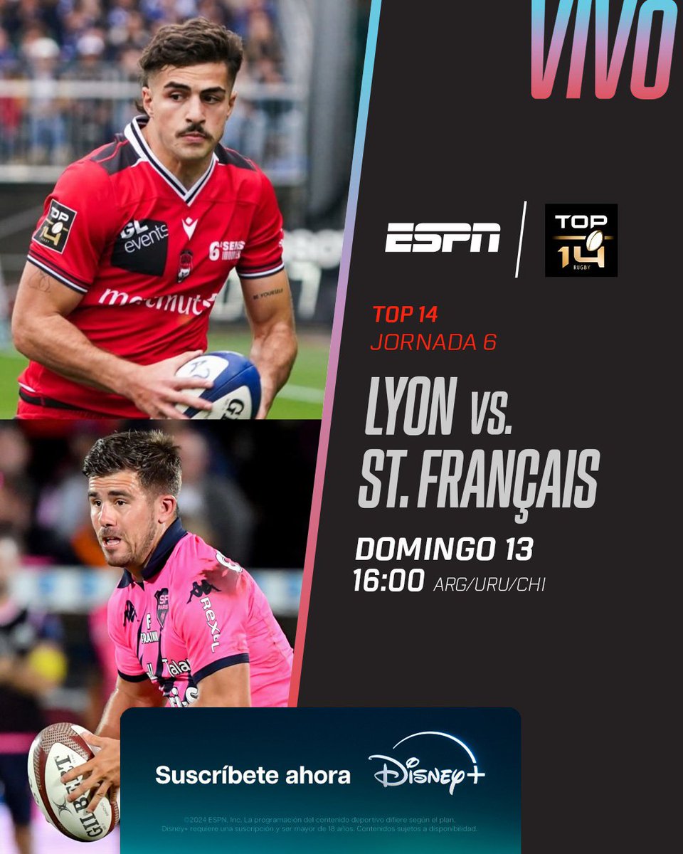 #TOP14 | Domingo 16:00 (ARG/URU) con <a href="/EstebanLasala/">Rulo</a> hacemos #Lyon vs #StadeFrançais a través de #DisneyPlus! También disponible en ESPN 4. 🏉⭐