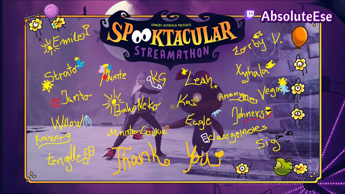 THANK YOU everyone for participating in #SS2024 fundraiser 💛 We collected the huuuuge $1.000 USD and have signed me up for some EO scoring runs + full FFIX playthrough! 

Big love to <a href="/GamersOutreach/">Gamers Outreach</a> for organising this years Spooktacular streamathon!