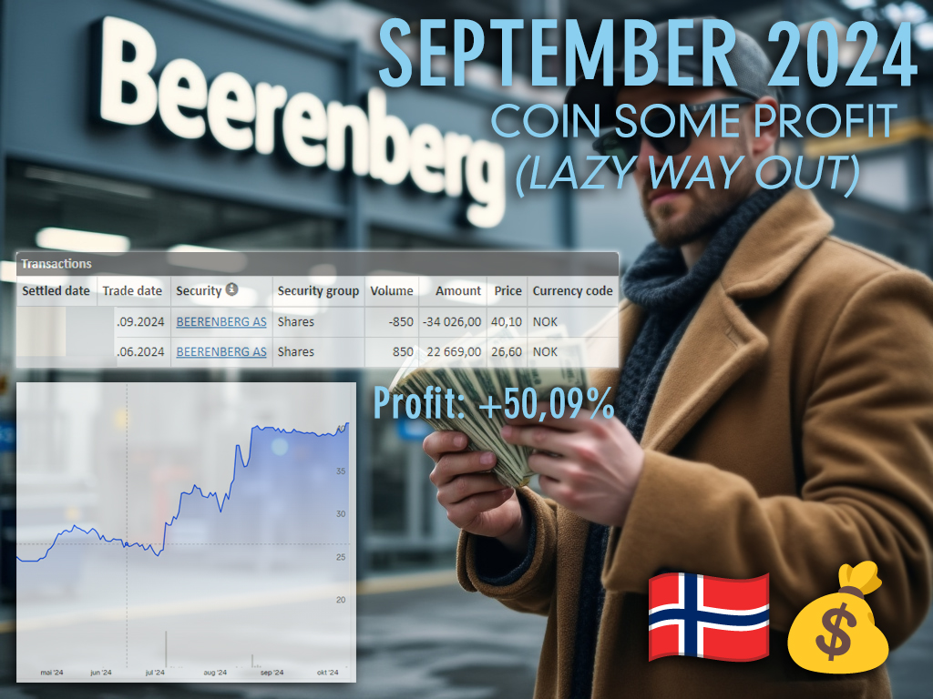Same as for $KMCP - when I bought Beerenberg $BBERG, I intended to own and increase for a long time.

During August 2024, news about Altrad Group broke, and I again decided to sell with profit (to avoid the paper work).

Buy: NOK 22669
Sell: 34026
Profit: 11357 (50,09%)
#fintwit