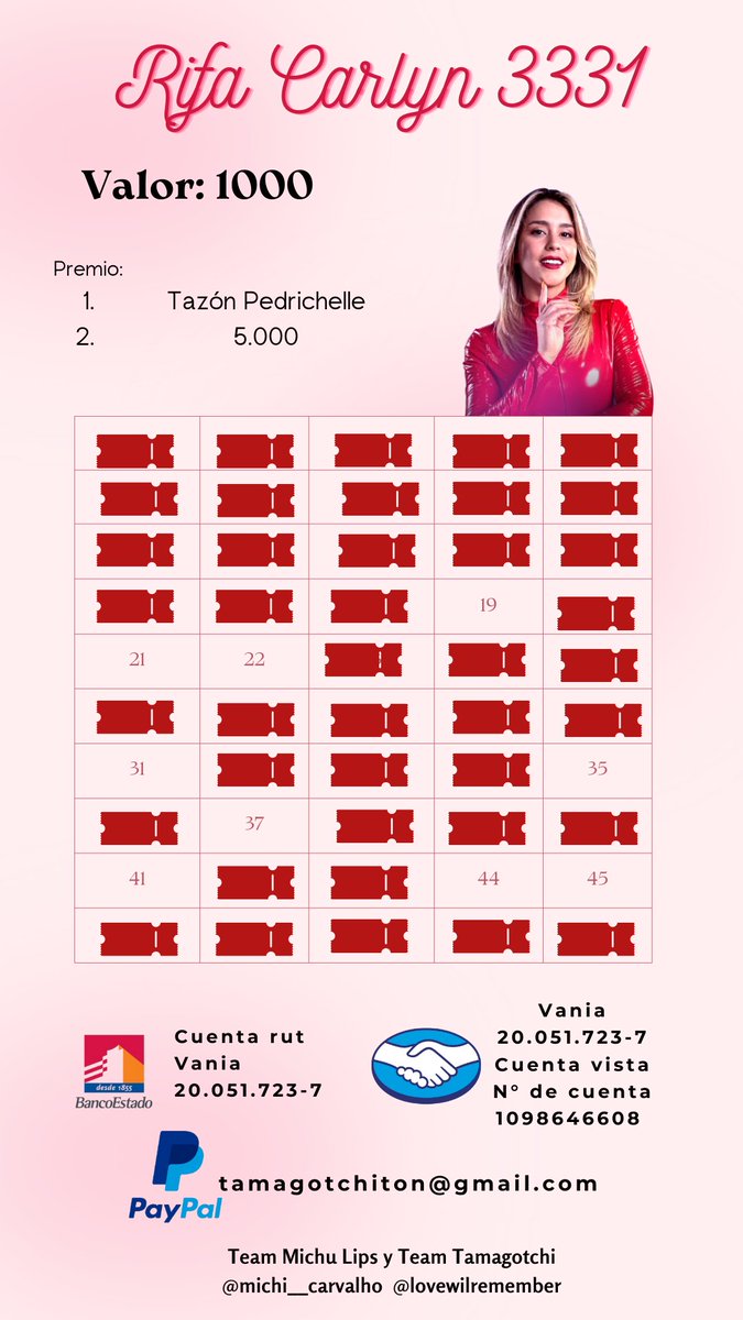 Rifa #Carlyn3331 - Valor $1000 -
@michi__carvalho

Cuenta rut
Vania
20.051.723-7

Mercado Pago
Vania 20.051.723-7
Cuenta vista
N° de cuenta
1098646608   

Paypal: tamagotchiton@gmail.com 
#granhermanochv #GranHermanoChile