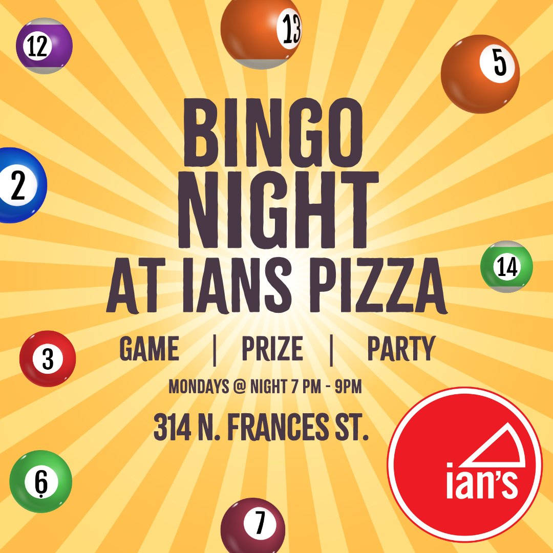 It's official: Bingo is no longer for the retirement crowd. Grab your lucky charm—it's Bingo time at Frances St., and our Ian's Swag jackpot is waiting for YOU!

 #BingoNight #IansSwag #BingoTime #LuckyCharm #WinnerWinner #IansPizza