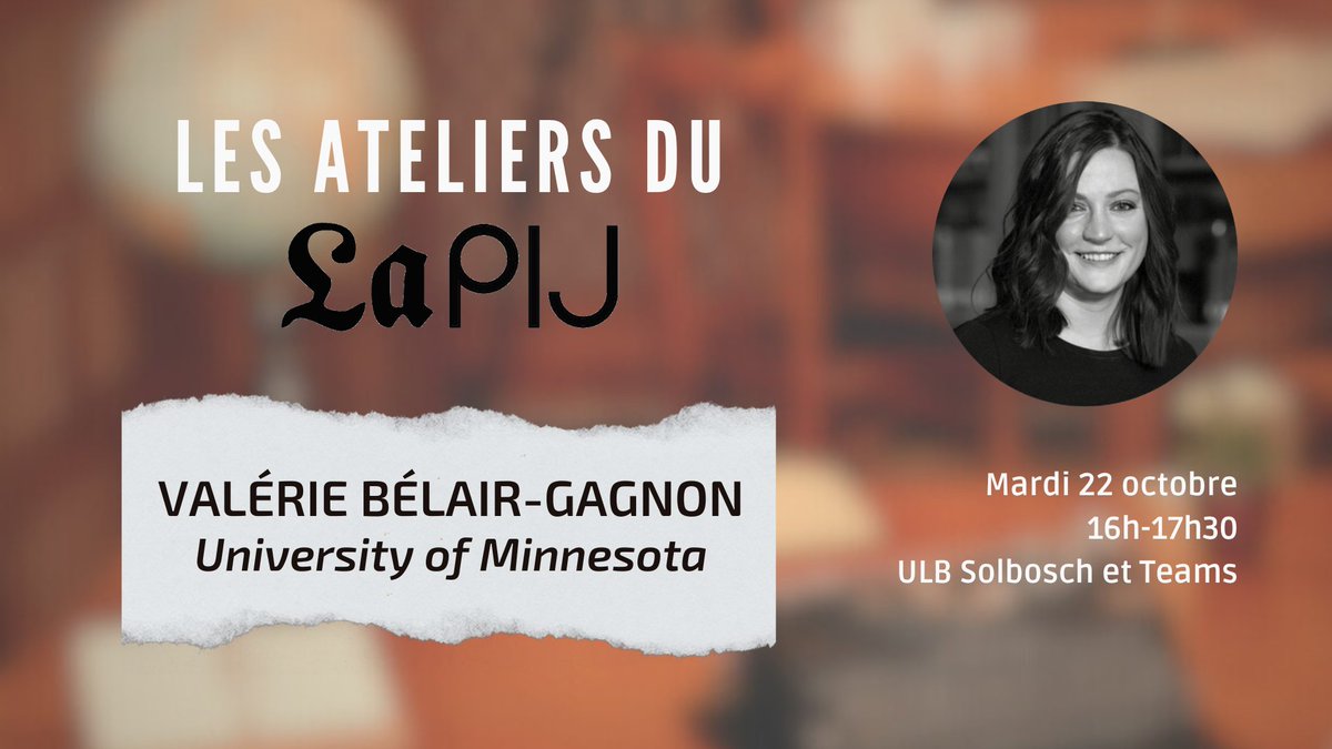 Mardi 22 octobre, le <a href="/LaPIJ_ULB/">LaPIJ</a> reçoit Valérie Bélair-Gagnon <a href="/journoscholar/">Valerie Belair-Gagnon</a> qui présentera notamment les résultats de son livre Happiness in Journalism

📅 De 16h à 17h30 
📍ULB ou Teams  

Inscriptions : forms.office.com/r/YMXv32z0xB
