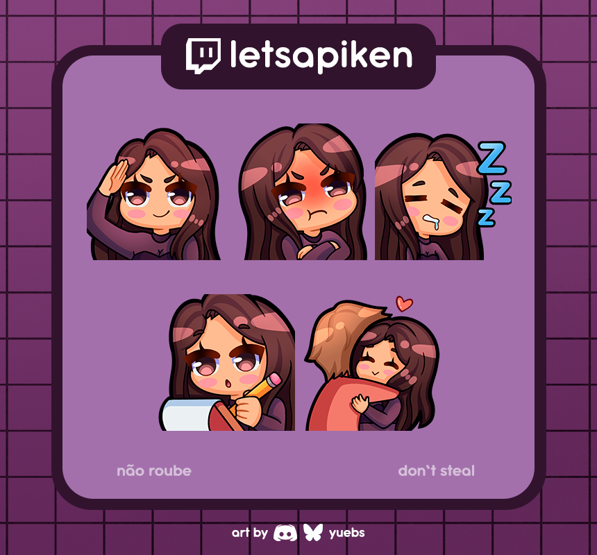 yuyuebs's tweet photo. Outra comissãozinha para @letsapiken! Obrigada pela confiança, aproveite os emotes💜

Dê um up nas suas lives com emotes exclusivos tbm!  

Mais infos: https://t.co/puKtLQU1hf ✨

#emotes #twitchemotes #comissao #art #BRart #BRartist #vtuber #vtuberbr #streamer #twitch https://t.co/jmjwOIH3uL