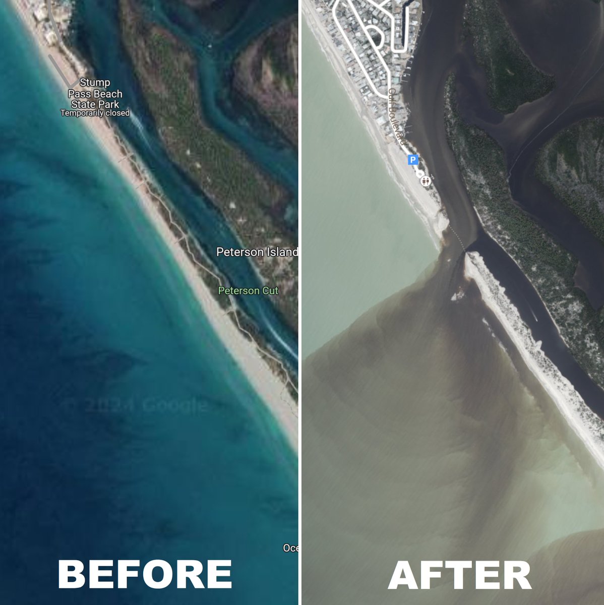 NEW IMAGE: Surge and waves from Hurricane #Milton has split Stump Pass Beach into two. According to new satellite images, Cayo Costa has a similar event, North Captiva has two and Sanibel has one. If  you're still out of town from the evacuation or want to view those  satellite