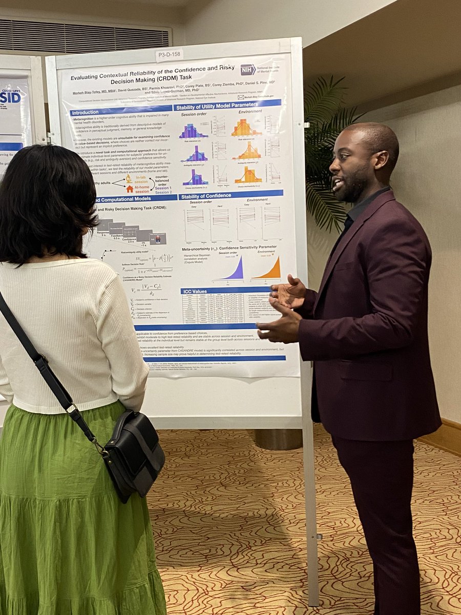 silviaLGneuro's tweet image. And wrapping up #SNE2024, our multi-talented clinical fellow Dr. @morkehb did an amazing job presenting our work on test-retest reliability of utility and confidence parameters in a risky decision-making task!