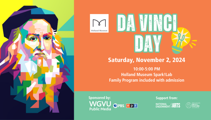 Learn about Leonardo Da Vinci, the OG Mechanical Wizard at the <a href="/HollandMuseum/">Holland Museum</a>! All visitors can also see an exclusive 30-minute sneak peek at Ken Burns’ newest PBS documentary, #LeonardoDaVinci before it premieres! Learn more here: hollandmuseum.org/event/da-vinci…