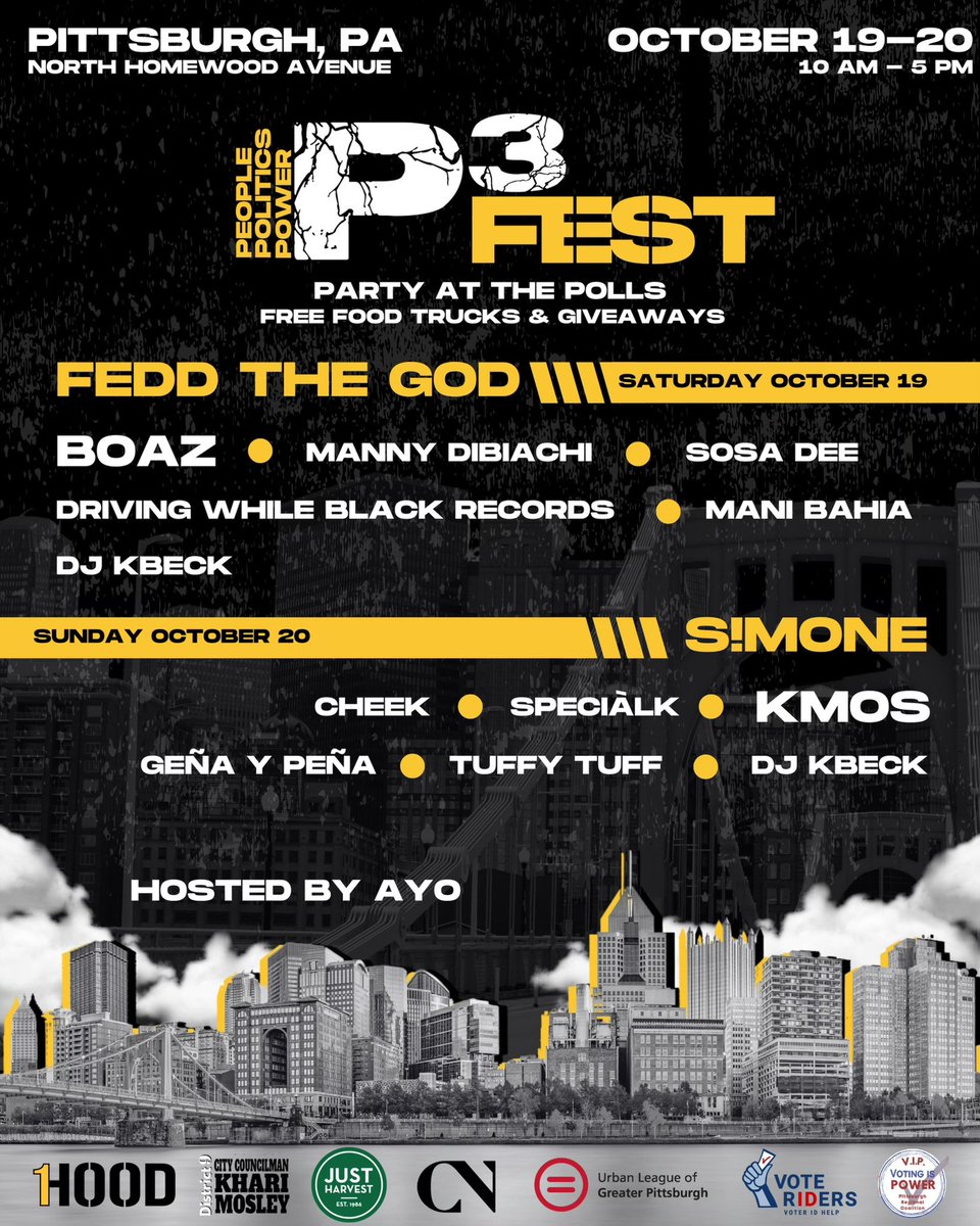 Join the movement at the People’s Politics Power Fest (P3 Fest). Happening October 19-20, 2024, from 10 AM to 5 PM on North Homewood Avenue, this ‘Party at the Polls’ features free food trucks, giveaways, and performances by local artists Hosted by Ayo, come out and rock with us!