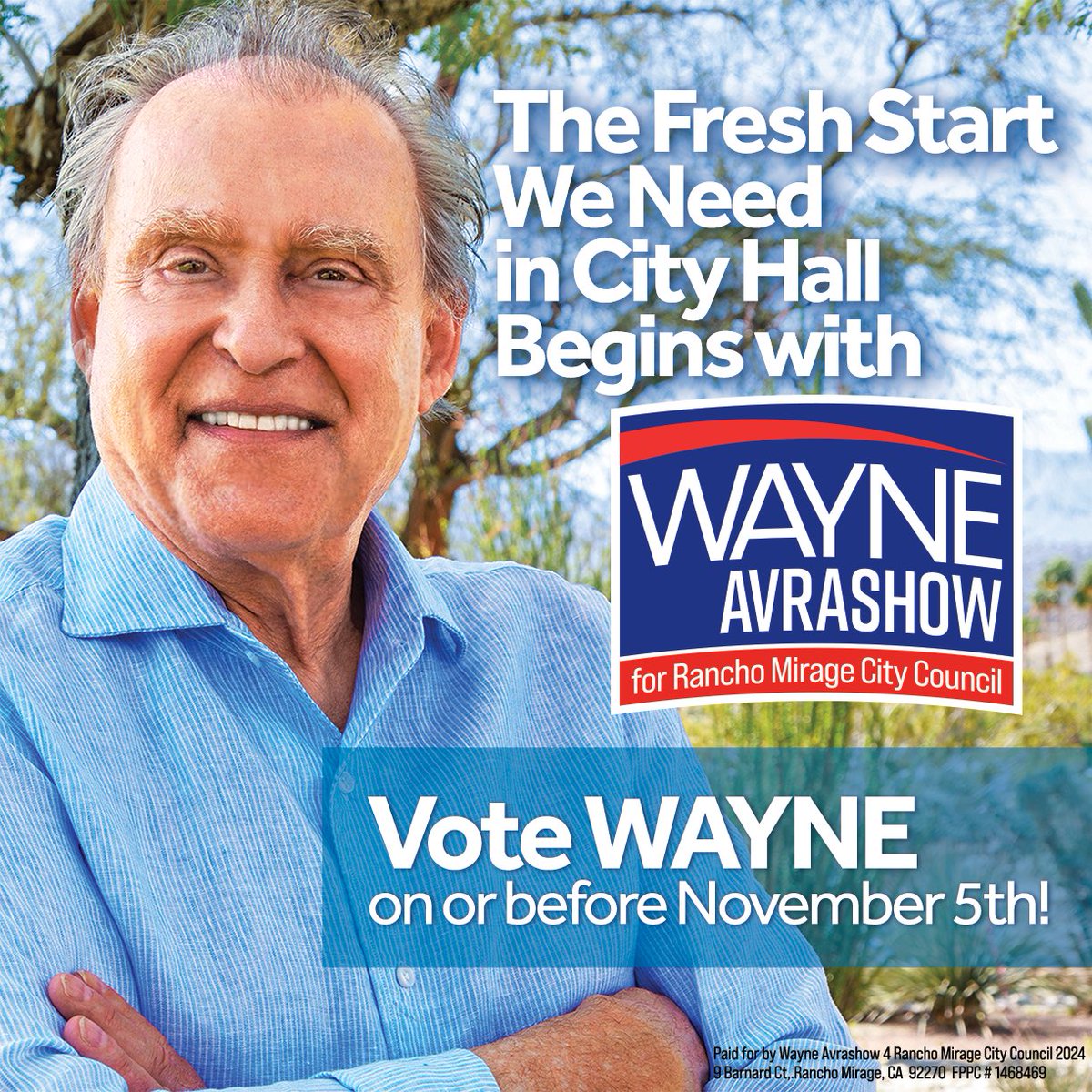 Ballots have landed…. Please vote today!  And tell all your friends!  Thank you!!

#wayneforranchomirage #wayneavrashow #ranchomirage #voteforme #voteforchange #votefortransparency
