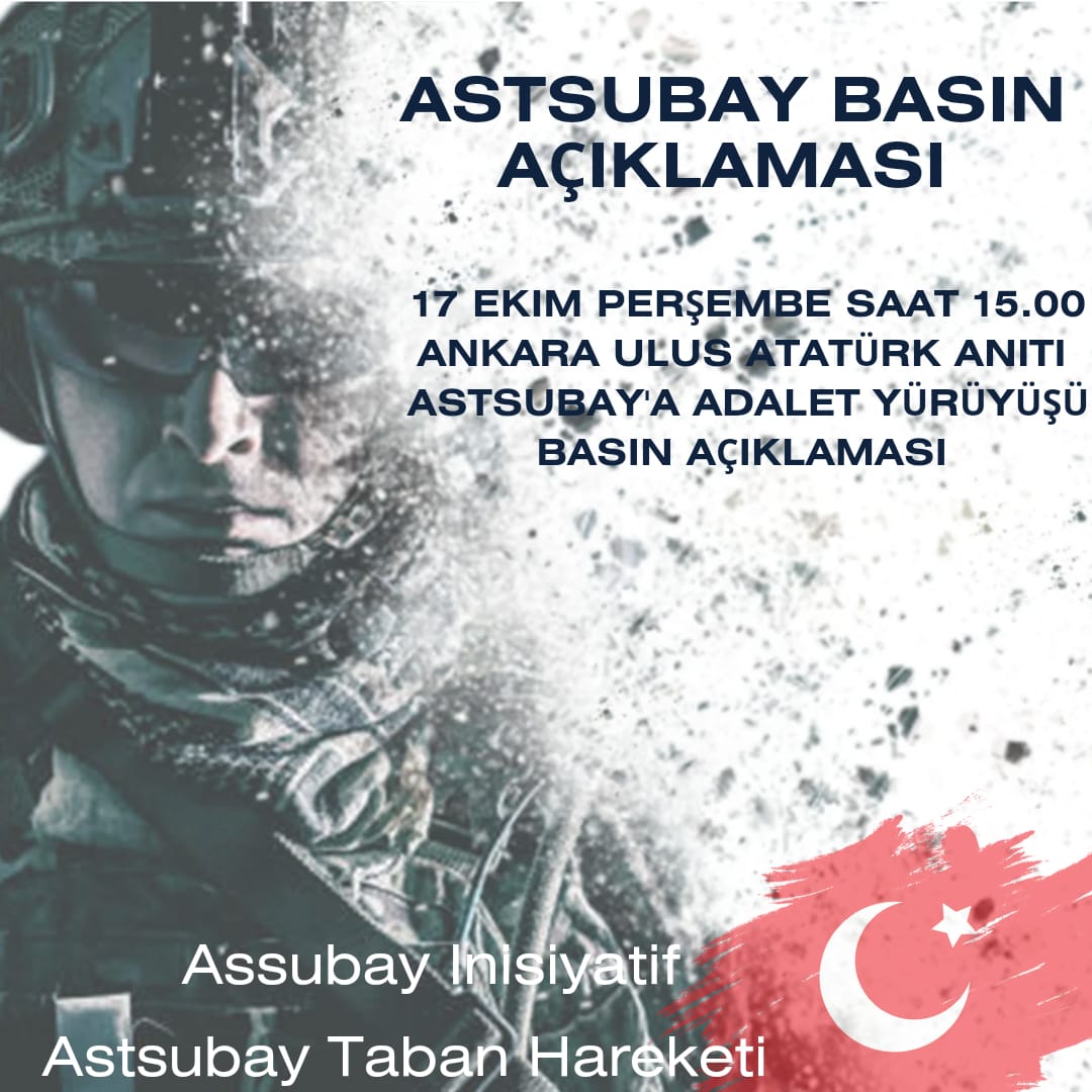 #AstsubayaAdaletYürüyüşü 17 Ekim perşembe günü tamamlanıyor. Saat 15:00 'da Ulus/Ankara Atatürk Anıtında buluşmak dileğiyle. <a href="/Asbinisiyatif/">Assubay İnisiyatif</a> <a href="/asbcalistayi/">Astsubaycalistayi</a> <a href="/LeventUlucan1/">Levent Ulucan</a> 
#Astsubay
#AstsubayÇalıştayı 
#AstsubayTabanHareketi
