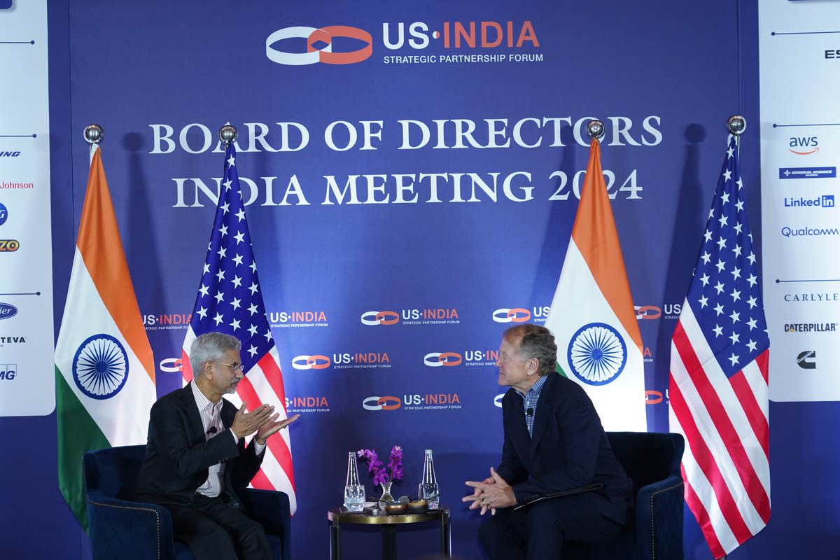 USISPForum's tweet photo. We are excited to kick off the USISPF India Leadership Summit 2024 in New Delhi with a productive meeting between our Board of Directors and @DrSJaishankar, the Hon. Minister of External Affairs, Government of India.

In a fireside chat with USISPF Chairman @JohnTChambers, Dr. Jaishankar highlighted key ways to strengthen 🇺🇸🇮🇳 strategic and economic ties, emphasizing the natural synergy between the two nations. 

He also underscored policy continuity under Prime Minister @narendramodi's leadership and outlined significant opportunities for American investors.

Dr. Jaishankar encouraged Board members to support the “PM’s Internship Scheme” to enhance employability, equip youth with the tools they need to thrive, and foster a skilled workforce ready to meet future challenges.

#USISPFIndiaSummit2024