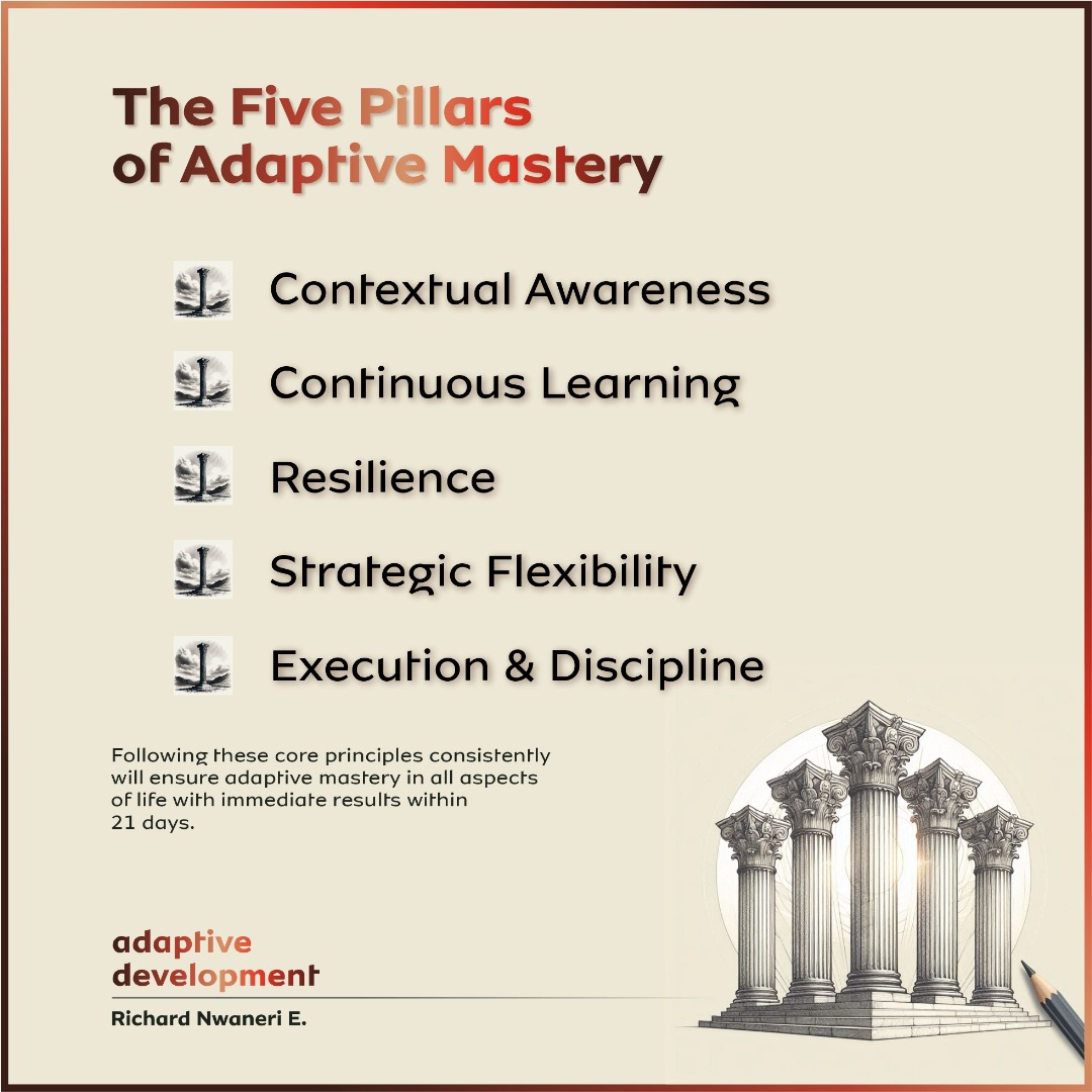 iamejike's tweet image. The 5 Pillars of Adaptive Mastery form a framework for thriving in changing environments.
 
These pillars help individuals, couples, sports teams and organizations navigate uncertainty, adapt to change, and achieve sustainable success.

#AdaptiveDevelopment