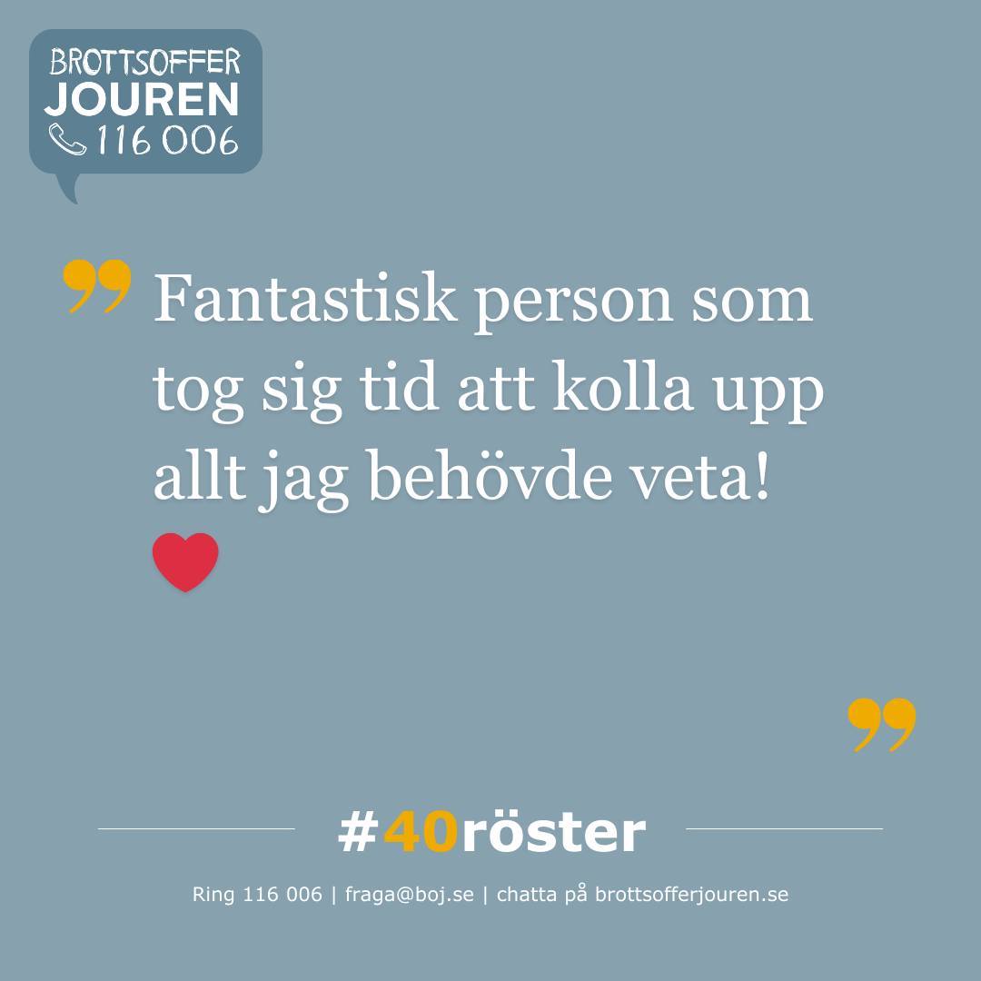 Har du frågor om polisanmälan eller rättsprocessen?
Brottsofferjouren erbjuder medmänskligt stöd, information &amp; praktisk vägledning till brottsoffer, vittnen och anhöriga, före, under och efter rättegång. BOJ har stöttat brottsutsatta i 40 år. Hör #40röster. #stödsomgerkraft