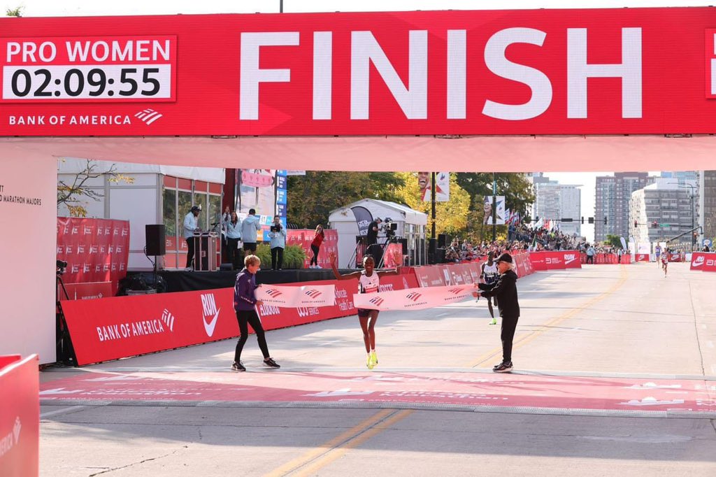 Congratulations to Ruth Chepngetich for breaking the women world record by clocking 2:09:57 at the #ChicagoMarathon2024. 

Well done Champ!