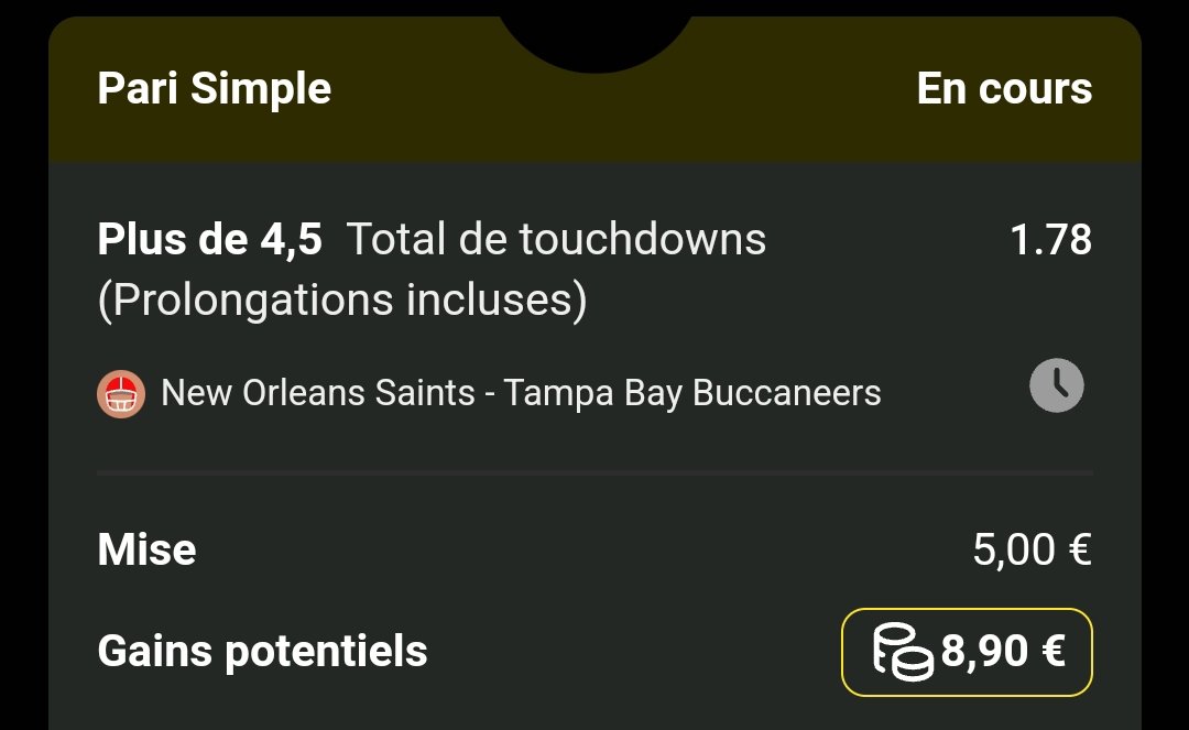 Mika_Pronos's tweet photo. Bankroll d'Octobre a Noël
Bet n°14
BK : 40,10€

#NFL #Redzone (19h)   
🏟️ Saints vs Buccaneers
➡️ Plus de 4.5 touchdowns
⭐ Cote a 1.78
💰 Mise : 5€

Rt et ❤️ si tu suis

#TeamParieur https://t.co/3tFLguxoW4