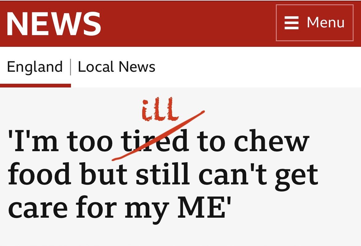 This isn’t a bad piece, and I salute the courage of those who allowed their stories to be told. But headlines matter, given that many people never read beyond them. 

#ME has nothing whatsoever to do with tiredness. It’s pain and suffering on a scale that most cannot comprehend.