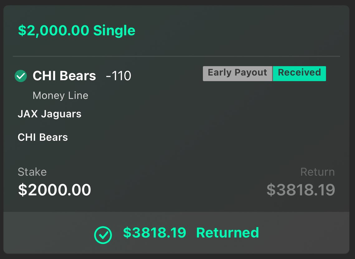 Today’s First Play is a Winner!💰

Bears ML✅

12-2 +$21,800 Run🔥

Let me know if you Cashed with me!⬇️🍀