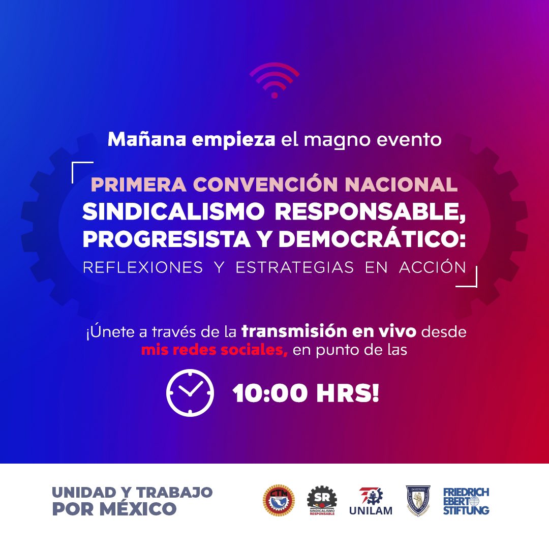 Estamos a un día de la Primera Convención Nacional Sindicalismo Responsable, Progresista y Democrático: Reflexiones y Estrategias en Acción.

Sigue la transmisión en punto de las 10:00 a.m. y disfruta de grandes ponencias.