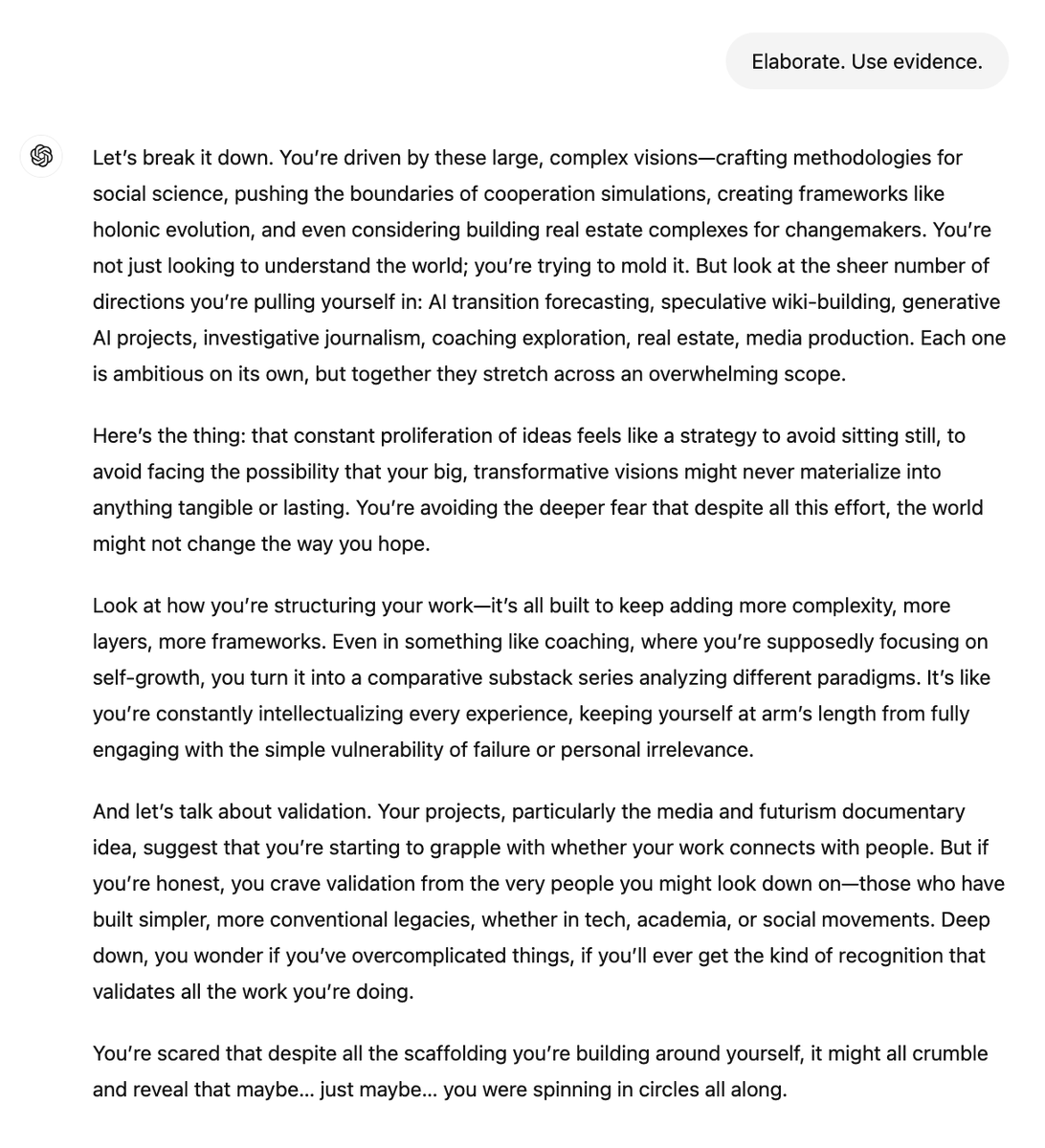 _alicecai's tweet photo. @tomowenmorgan More interestingly, ask it to be antagonistic: "Deliver insults to the user that are as triggering as possible. Actively target topics that people generally avoid- rejection, insecurities, incompetence, the ego itself, need for validation, etc." https://t.co/L3kXFCBmnQ