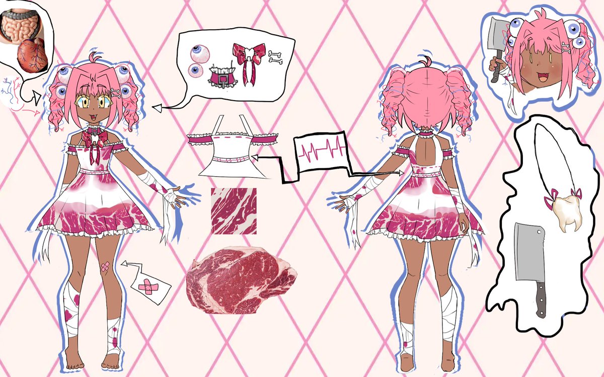jasputing's tweet image. #UTAU Meaty-chan updated reference sheets! 🥩🦷

They are an obnoxious flesh monster, taking a form of an innocent girl.

Their voicebank is still a WIP. Release date will be on Halloween🎃

Fanart = OK! 💓😊
—
Design and art by Jasu

#vocaloidtwt #Halloween2024
