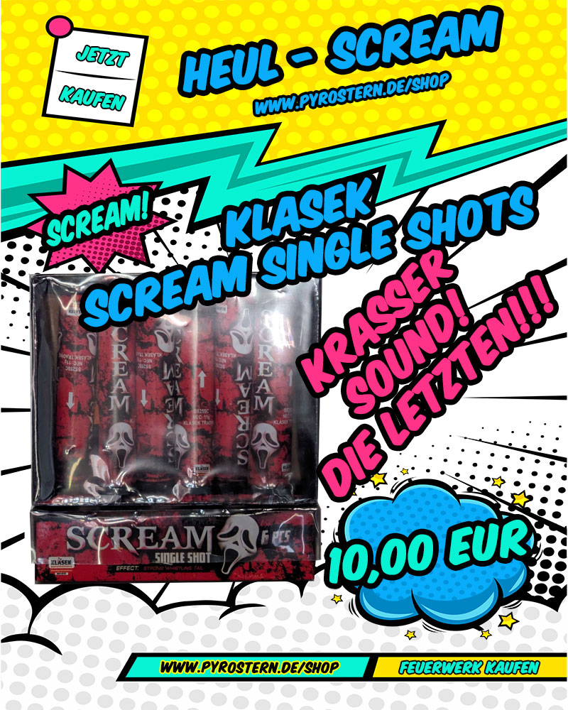PyroStern's tweet image. Hey Pyro-Fans! Seid ihr bereit für den ultimativen Heuler-Spaß? Dann schnallt euch an, denn hier kommt die Scream Single Shot von Klasek Fireworks! 🚀

Bereit für das nächste Level?
Dann ab in den Warenkorb damit und lasst die Show beginnen! 🎇

pyrostern.de/shop