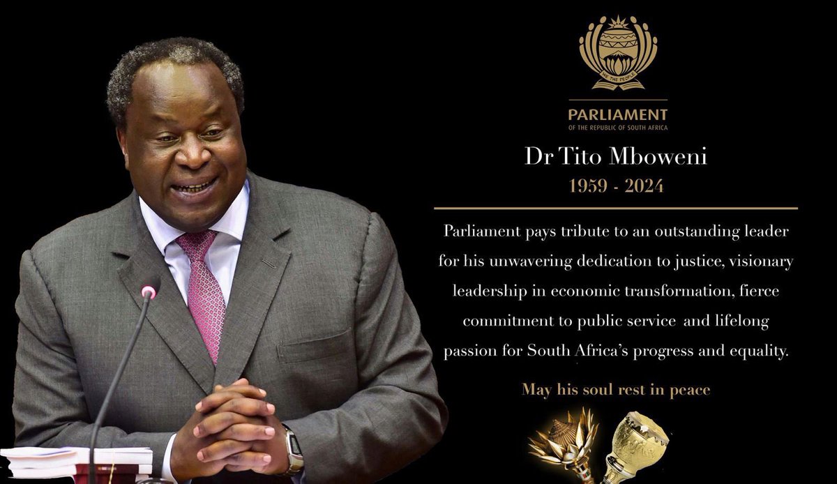 Parliament pays tribute to an outstanding leader for his unwavering dedication to justice, visionary leadership in economic transformation, fierce commitment to public service and lifelong passion for South Africa’s progress and equality. #RIPTitoMboweni