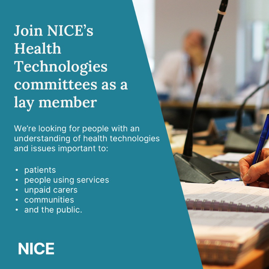 AnxietyUK's tweet photo. Are you someone who understands health technologies? Are you looking for a chance to become a part of a committee as a lay member? Join #NICE's Health Technologies committees...
Learn more about the opportunity here⬇️:
https://t.co/5HR8KxPhzN
#healthtechnologies #opportunity https://t.co/SSao1xlmNw