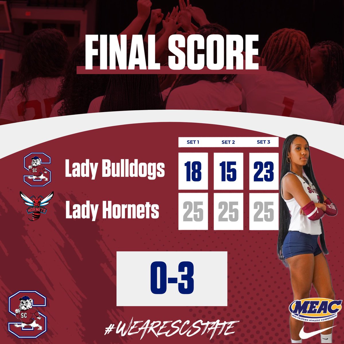 𝐅𝐢𝐧𝐚𝐥.

Lady Bulldogs fell to the Lady Hornets of Delaware State after a 3 set match on the road. 💙❤️

#SCSU | #WeAreSCState | #BulldogTenacity 🐶