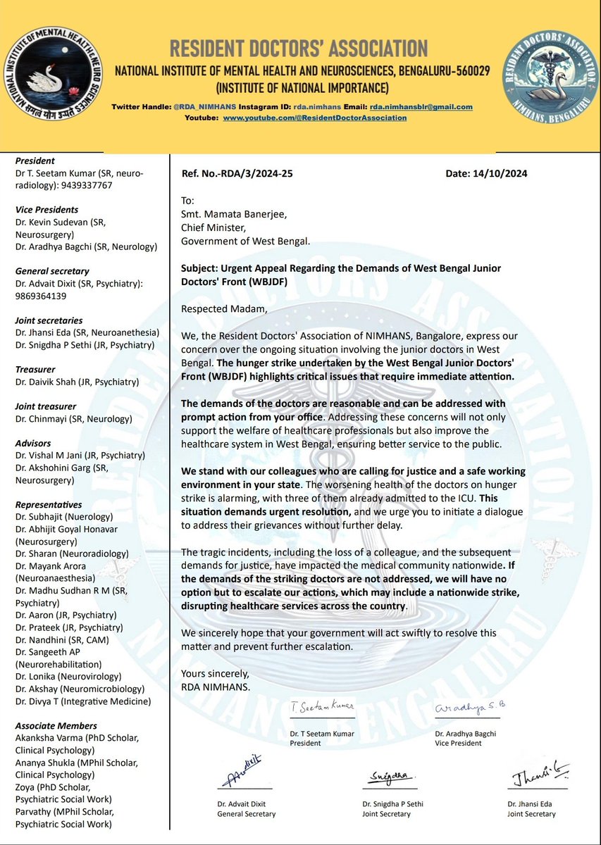 RDA, NIMHANS (INI) (@rda_nimhans) on Twitter photo We hereby appeal to the Chief Minister of West Bengal and other authorities to respond promptly to the demands of doctors on this critical issue,
Justice delayed is justice denied! #abhaya <a href="/MamataOfficial/">Mamata Banerjee</a> <a href="/OfficeofJPNadda/">Office of JP Nadda</a> <a href="/MoHFW_INDIA/">Ministry of Health</a> <a href="/PMOIndia/">PMO India</a> We hereby appeal to the Chief Minister of West Bengal and other authorities to respond promptly to the demands of doctors on this critical issue,
Justice delayed is justice denied! #abhaya <a href="/MamataOfficial/">Mamata Banerjee</a> <a href="/OfficeofJPNadda/">Office of JP Nadda</a> <a href="/MoHFW_INDIA/">Ministry of Health</a> <a href="/PMOIndia/">PMO India</a>