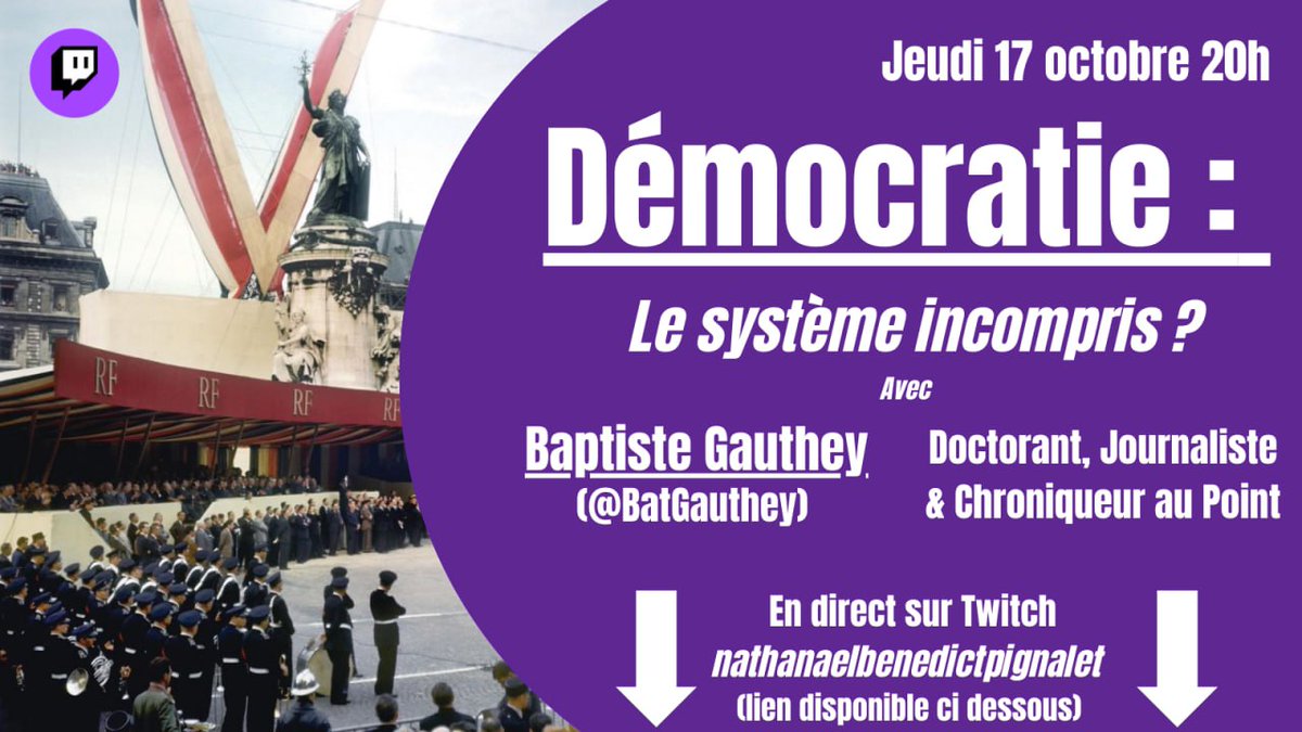 Jeudi  à 20h sur Twitch
Avec <a href="/BatGauthey/">Baptiste Gauthey</a> 
On parlera démocratie 🧐
Venez nombreux !