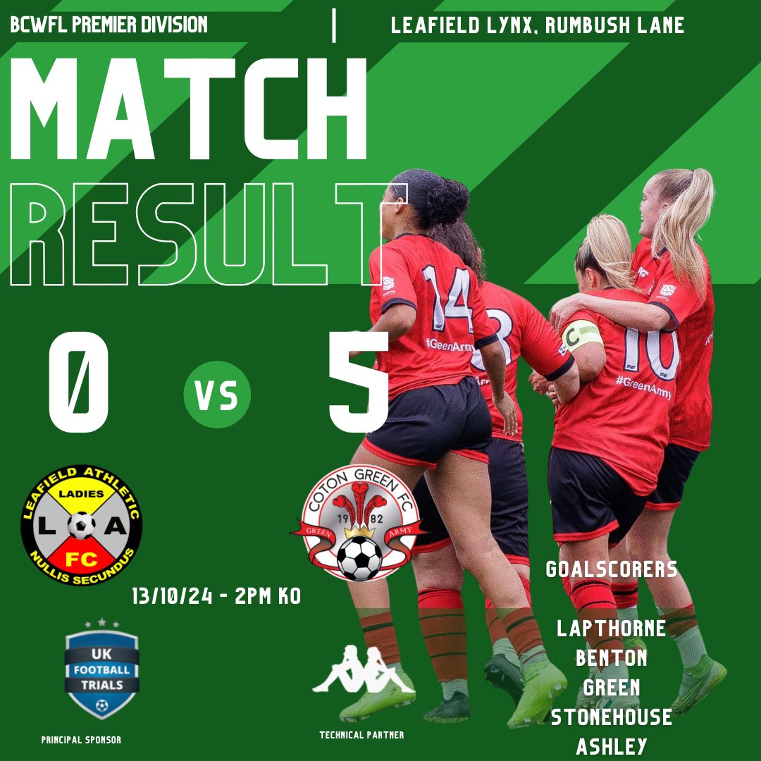 CotonLadies's tweet photo. ⚽️ | MATCH RESULT

Light work today for the Green Army 😮‍💨🔥

A comfortable win dominating the game from start to finish 🚂

Our skipper @jadel_4 leading by example with the first goal, with Benton, Green, Stonehouse &amp; @Chlo_ashleyyy rounding off the goals 🙌🏻

🟢⚫️🔴

#GreenArmy https://t.co/qXB01Ubunc