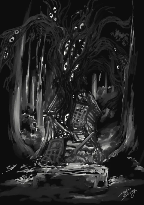 壊された祠の件、人間たちが「ヤバいお前死ぬわ」って話をしているほうよりも、その頃に祠がどんな事になってるかのほうに俄然興味があります。
(※ホラー系イラストの為、一応センシティブ設定あり) 