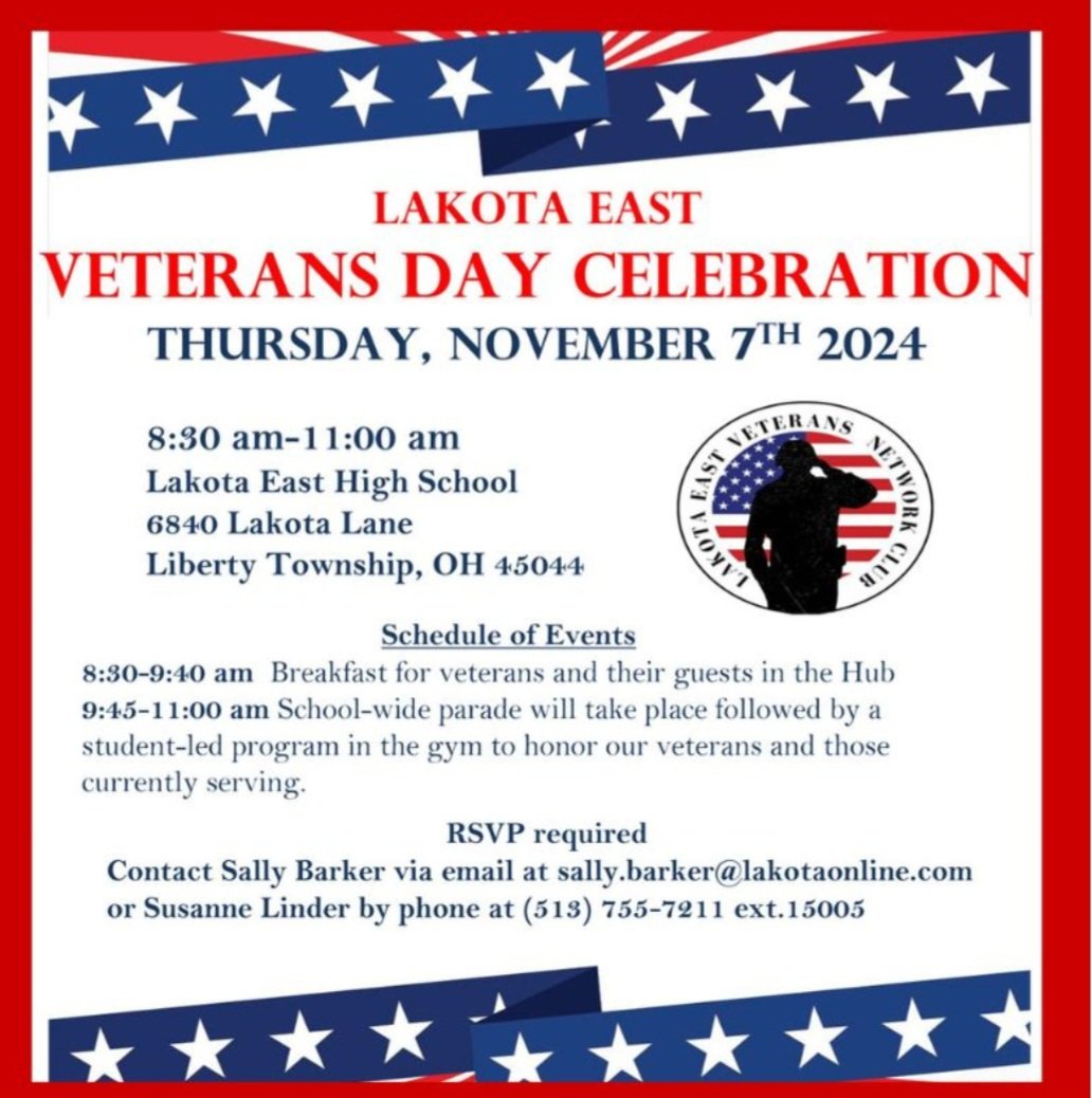 This is a great student led event for our veterans.  Breakfast starts at 8:30am followed by an assembly with our band and choir. More info below. <a href="/EAST_HAWKS/">Lakota East High</a> <a href="/LEHS4veterans/">Lakota East Veterans Network</a> <a href="/LakotaDistrict/">LakotaLocalSchools</a> <a href="/westchestertwp/">West Chester Township</a> <a href="/LibertyTownship/">Liberty Township, OH</a>