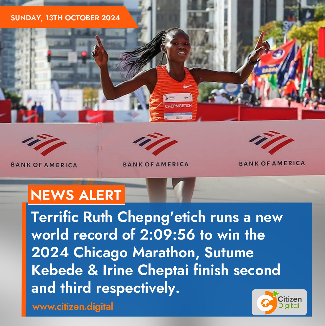 Terrific Ruth Chepng'etich runs a new world record of 2:09:57 to win the 2024 Chicago Marathon, Sutume Kebede &amp; Irine Cheptai finish second and third respectively