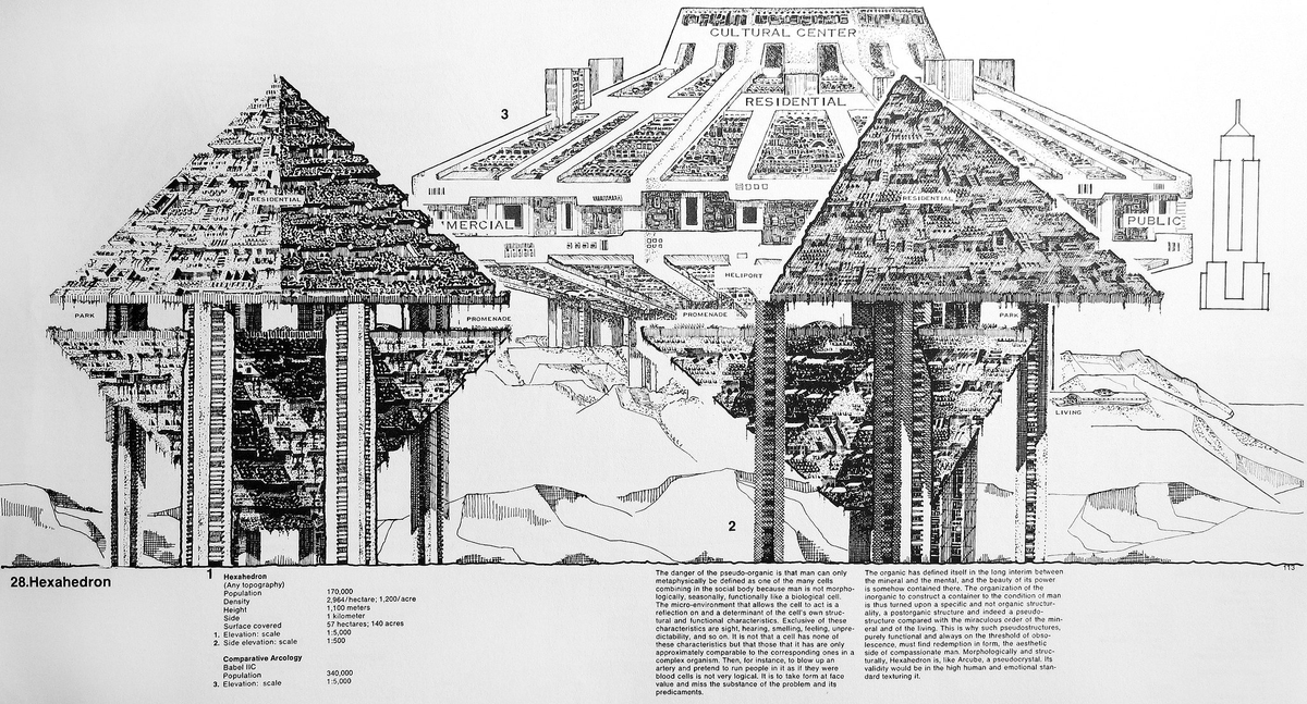 FedeItaliano76's tweet photo. Paolo Soleri's 'Hexahedron City' (1969), with its superimposed pyramids, each twice as tall as the Empire State Building, was designed to be adaptable to any terrain and able to house 170,000 people https://t.co/lZsVRQ2S2h