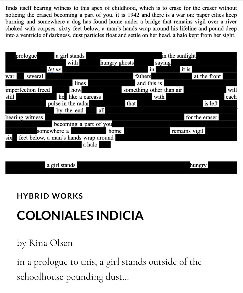 We love these evocative blackout works, “Coloniales Indicia,” by Rina Olsen, in our Issue 11 of Harpy Hybrid Review, harpyhybridreview.org.