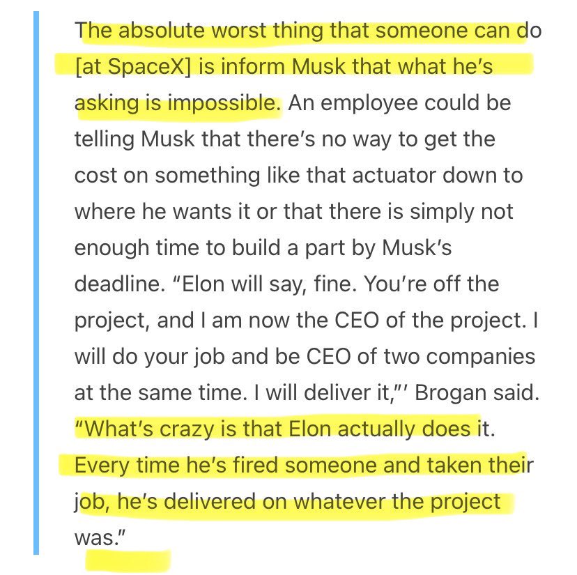 deedydas's tweet image. "The absolute worst thing that someone can do [at SpaceX] is inform Musk that what he's asking is impossible."