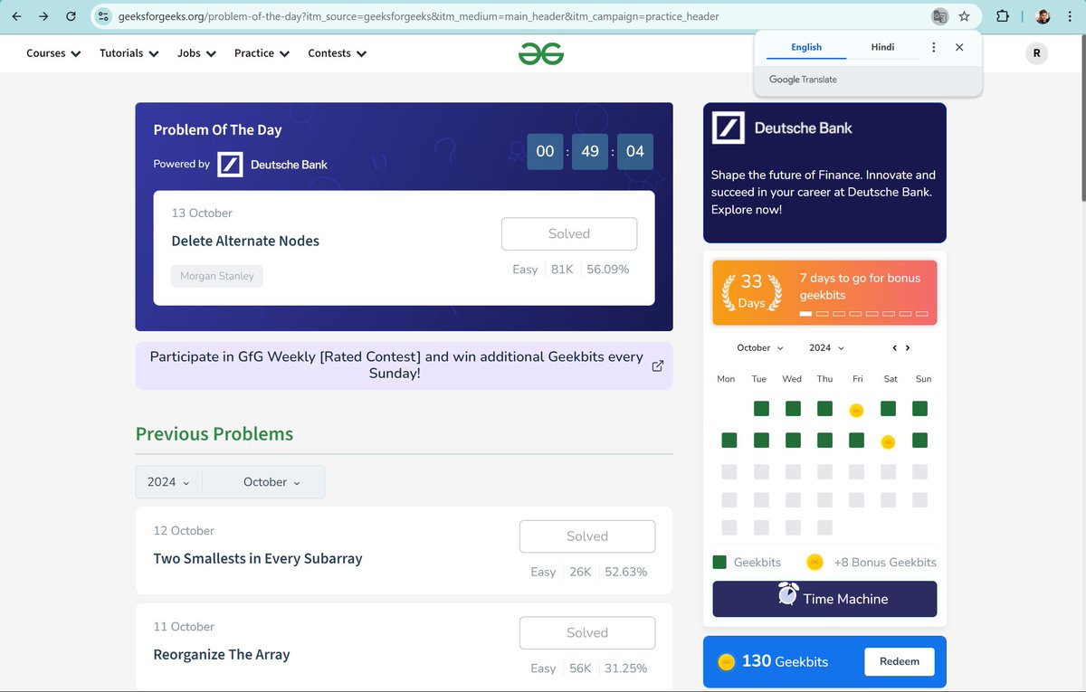 Day 33 of #geekstreak2024! 🎉 Solved the POTD "Delete Alternate Nodes"📷
<a href="/geeksforgeeks/">GeeksforGeeks | Learn to Code</a>
<a href="/DeutscheBank/">Deutsche Bank</a>
13 October 2024📷 #DSA #DeutscheBank