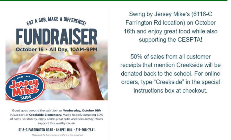 See you Wednesday! Thanks for your generosity, <a href="/jerseymikes/">Jersey Mike's Subs</a>! #CreekLife <a href="/DurhamPublicSch/">Durham Public Schools</a>