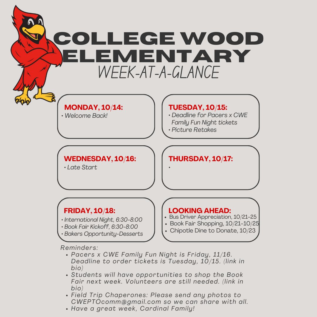 Welcome Back College Wood! It's going to be a great week!