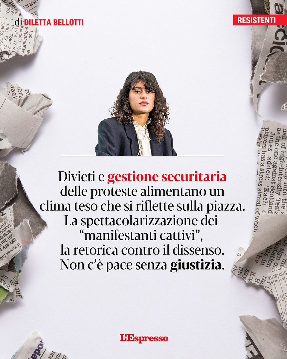 espressonline's tweet image. Manifestazioni, #DDLSicurezza: Media e social amplificano la retorica del “manifestante buono” vs il “cattivo”. Ma le "pratiche violente" spesso nascono da manifestazioni imbottigliate. Non c'è pace senza giustizia. 

#Resistenti di Diletta Bellotti continua sull'App L'Espresso