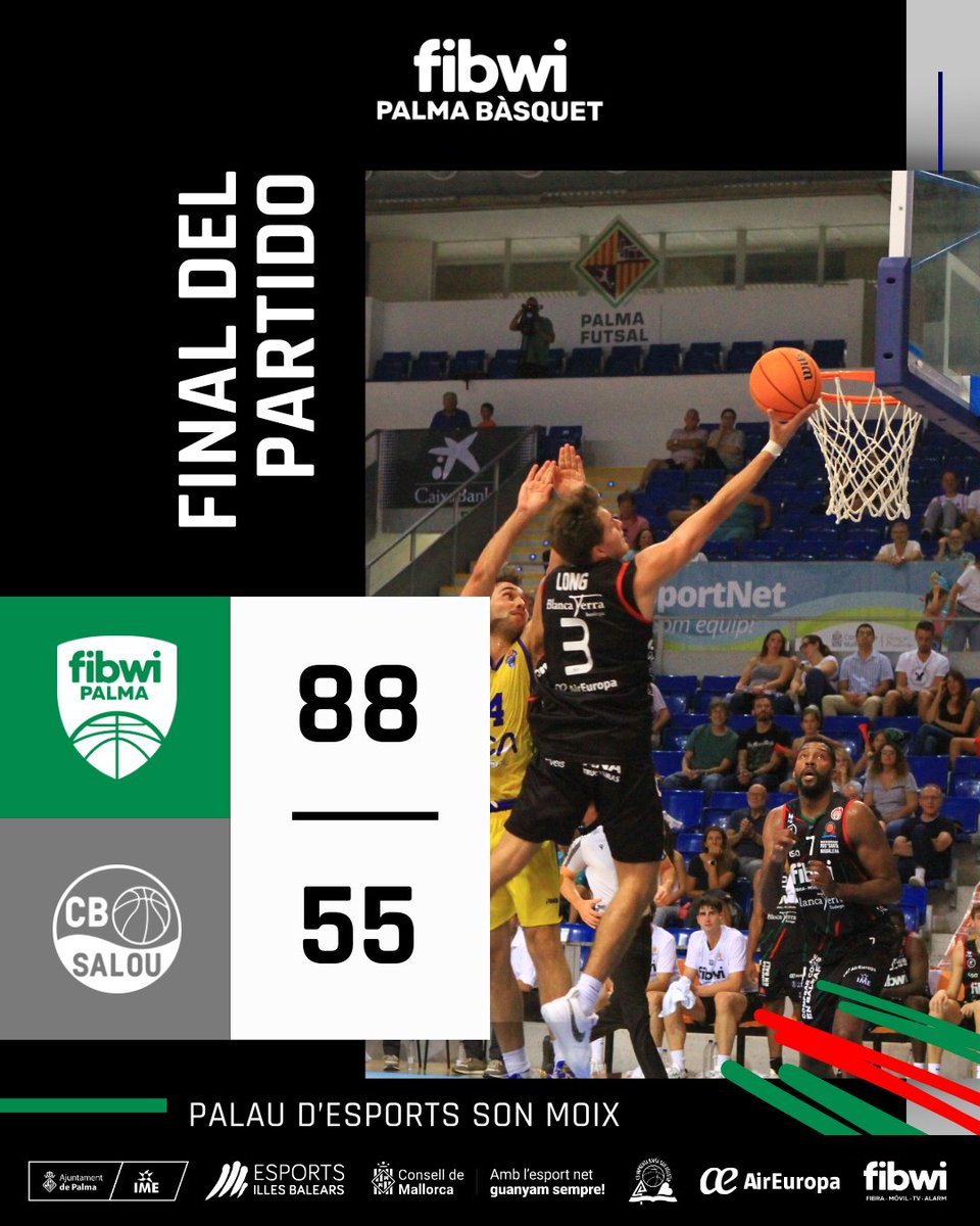 FINAL EN SON MOIX. LLEGA LA PRIMERA VICTORIA DE LA TEMPORADA. Partidazo del equipo. Gracias Son Moix por vuestro apoyo!!!!

88 <a href="/BahiaSanAgustin/">Fibwi Mallorca Bàsquet Palma</a>
55 <a href="/CbSalou/">CB Salou</a>
#UnViatgeQueValguiLaPena #EsportsNet #SomEquip