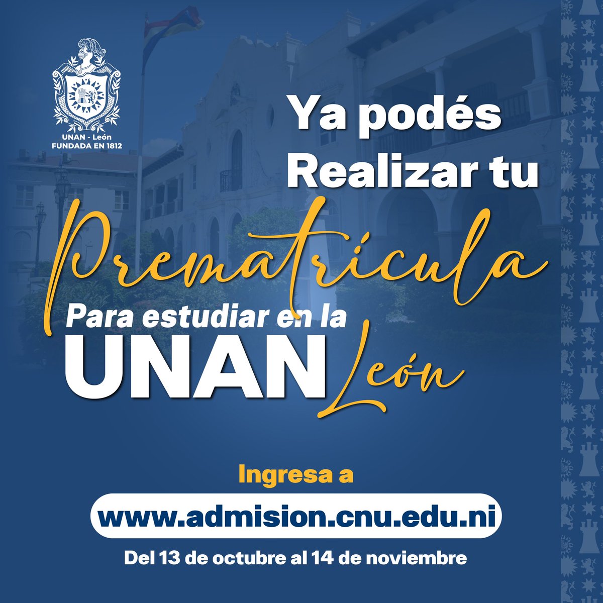¡Atención, bachilleres! 🌟 La UNAN-León abre sus puertas para que inicies tu camino hacia el futuro. 🎓✨ No pierdas la oportunidad de formar parte de una de las mejores universidades del país. 

Prematrículate ahora y descubre un mundo de oportunidades académicas y