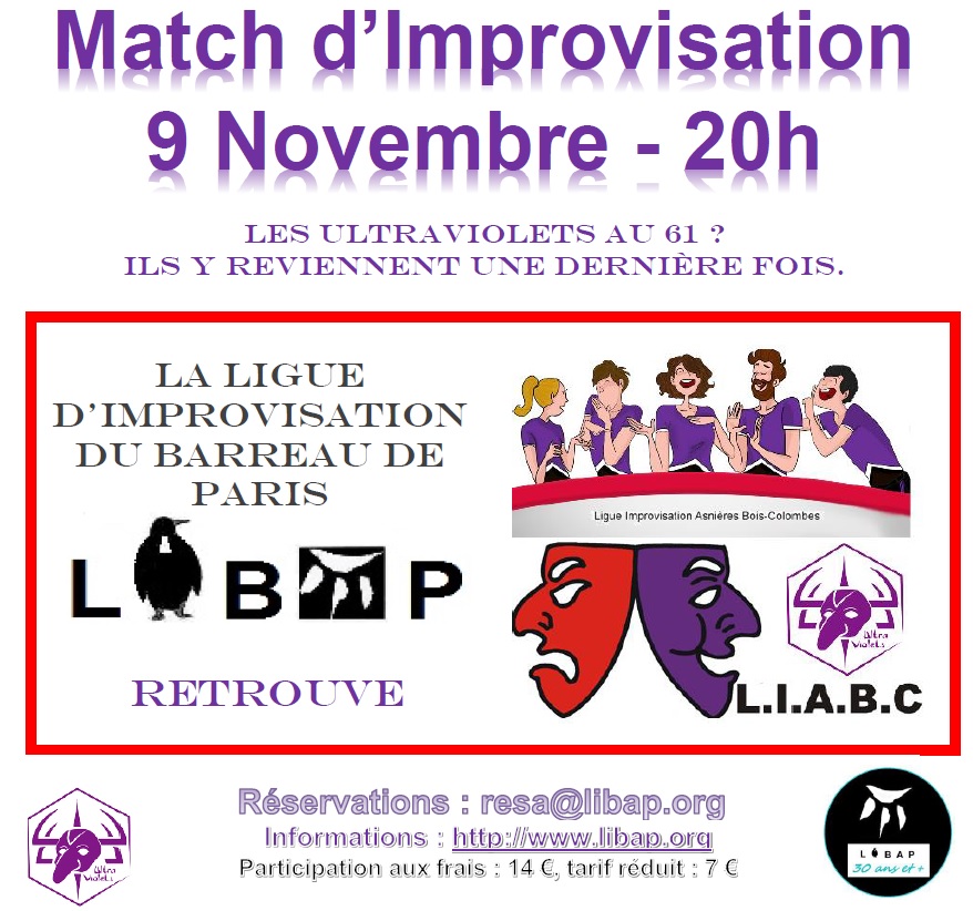 impro_Libap's tweet image. Samedi 9 novembre à 20h, ce sera l&apos;avant dernier match que @impro_Libap jouera au 61 rue Violet Paris 15ème. On y retrouvera la toujours surprenante LIABC de Bois-Colombes. Réserver ? Ecrire à resa@libap.org