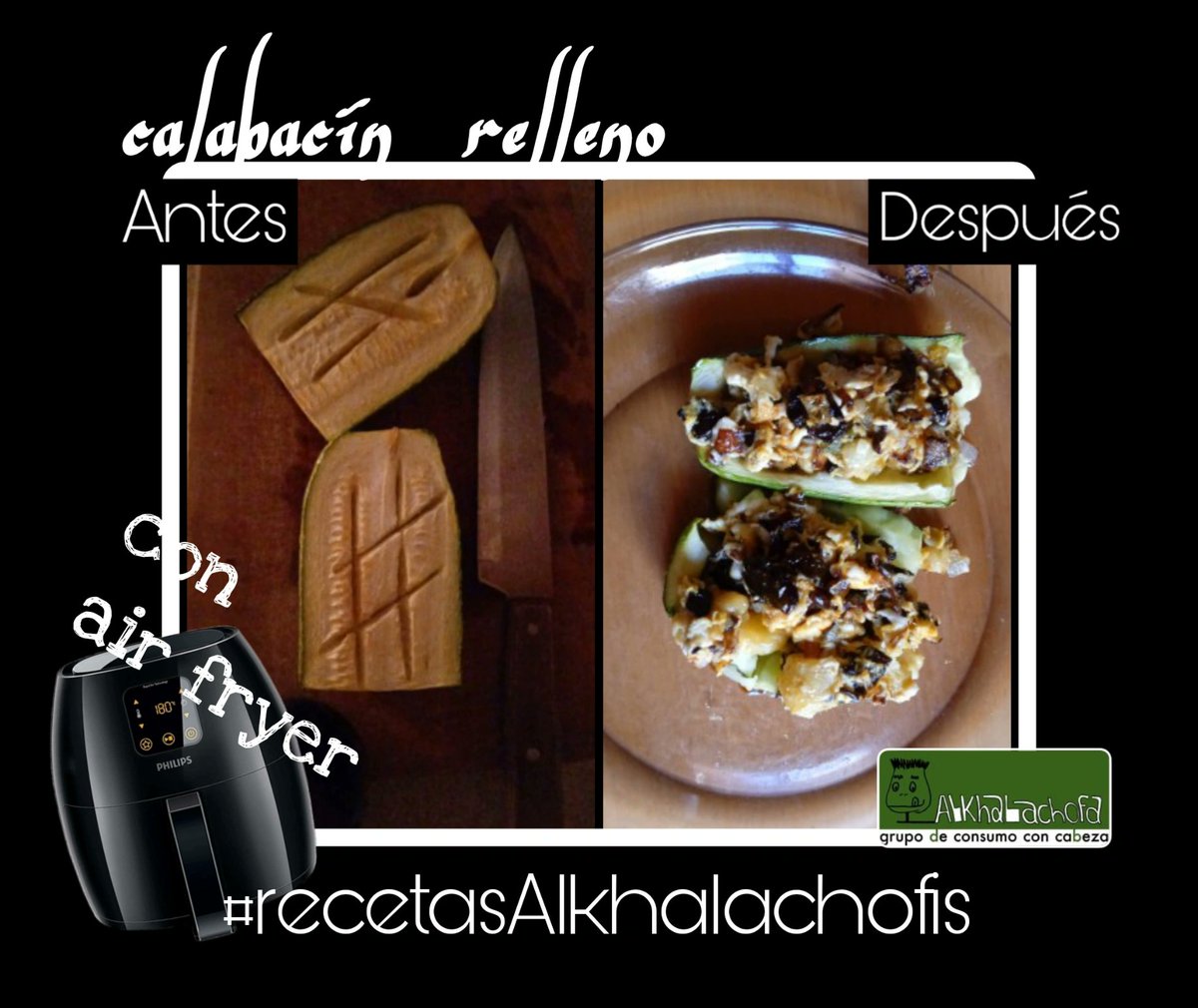 Alkhalachofa0's tweet photo. Esta semana en nuestra sección de recetas ricas y ecológicas 👨🏻‍🍳👩🏻‍🍳, compartimos este calabacín relleno hecho con air fryer 💁🏽‍♂️💁🏽‍♀️. ¿Cómo los comes tú? 😉 ¡Te leemos! 

#comelocal #comedetemporada #comeeco #grupodeconsumoconcabeza #recetasalkhalachofis https://t.co/xB84tjMedu