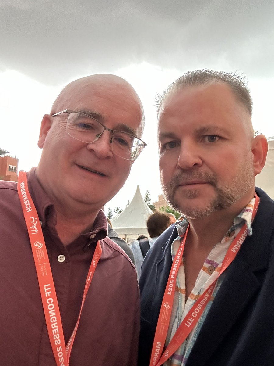 TwuSamuelsen's tweet photo. With my friend and ally @RMTunion General Secretary Mick Lynch at the  @ITFglobalunion 2024 Congress talking about the forthcoming UN-Thatcherization of public transport across the UK. Profiteers in charge of passenger transportation is a recipe for disaster 👍. @transportworker https://t.co/V6iwHHNmaX