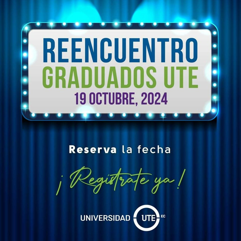UTE FDCAS (@utederechoyccss) on Twitter photo 🎓¡Es hora de reencontrarnos en la UTE!🌟Este 19 de octubre te esperamos para compartir, hacer networking y ponerte al día con las últimas novedades en la educación superior. Regístrate antes del 13 de octubre: bit.ly/3zT6Jqz 📅
#ReencuentroUTE #SomosLaNuevaUTE #somosUTE 🎓¡Es hora de reencontrarnos en la UTE!🌟Este 19 de octubre te esperamos para compartir, hacer networking y ponerte al día con las últimas novedades en la educación superior. Regístrate antes del 13 de octubre: bit.ly/3zT6Jqz 📅
#ReencuentroUTE #SomosLaNuevaUTE #somosUTE